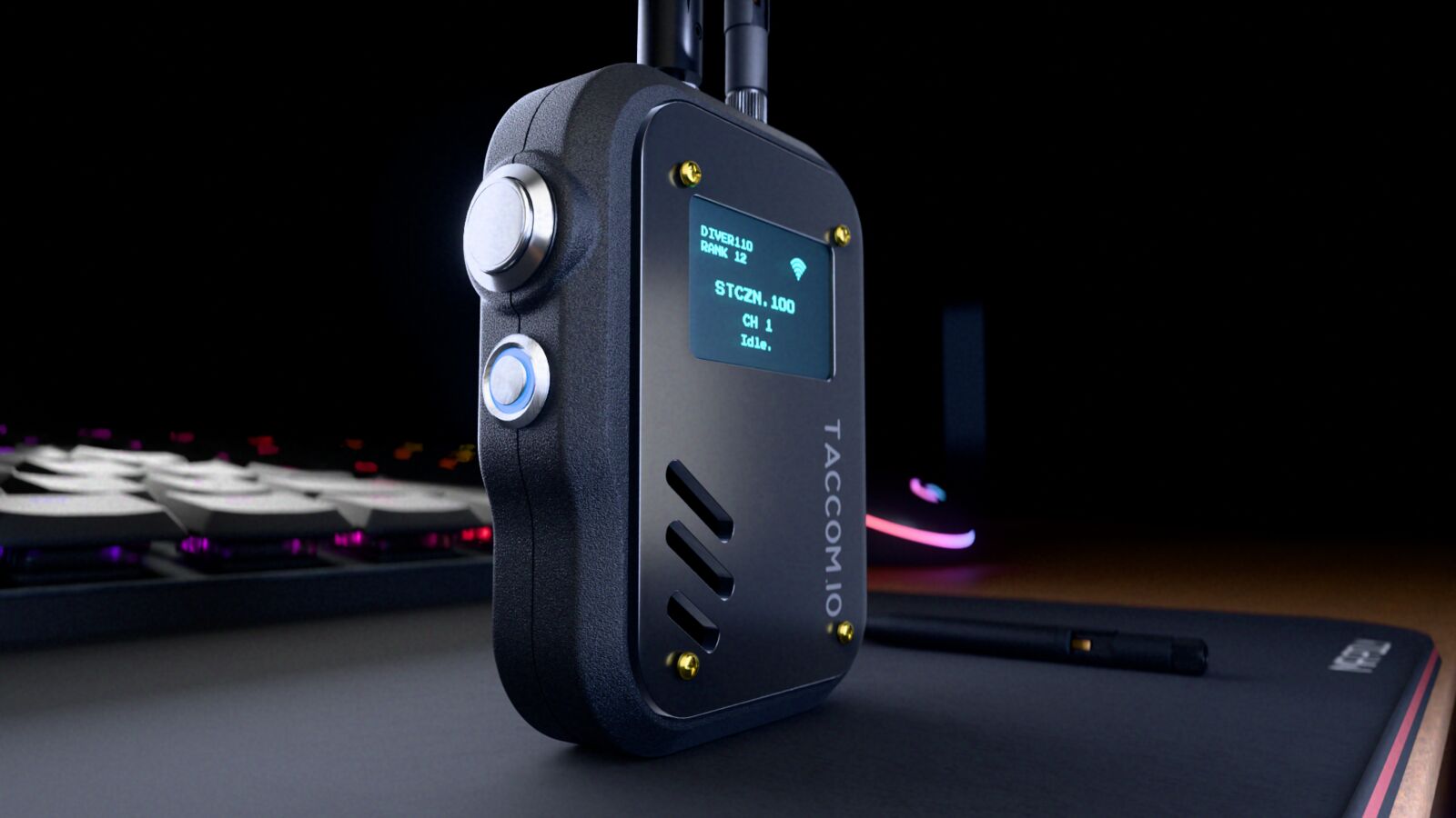 Side view of the TACCOM v2 showing the metal transmit and broadcast buttons