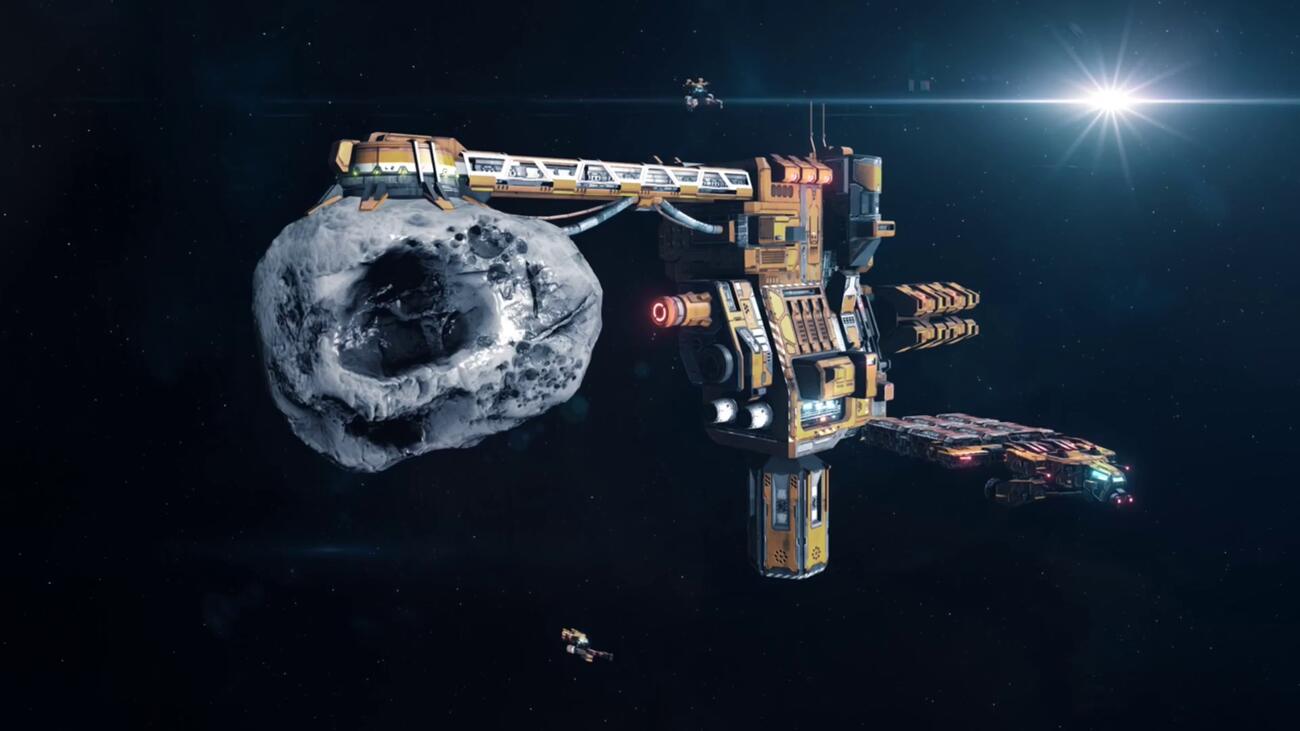 Space station and ships near an asteroid